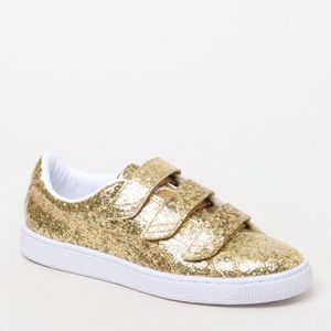 NIB Puma 6 Basket Strap Gold Glitter Sneaker